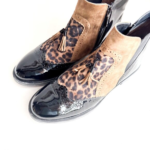 BeautyFeel Black Patent Leather Suede Animal Print Booties 42 - Picture 5 of 7
